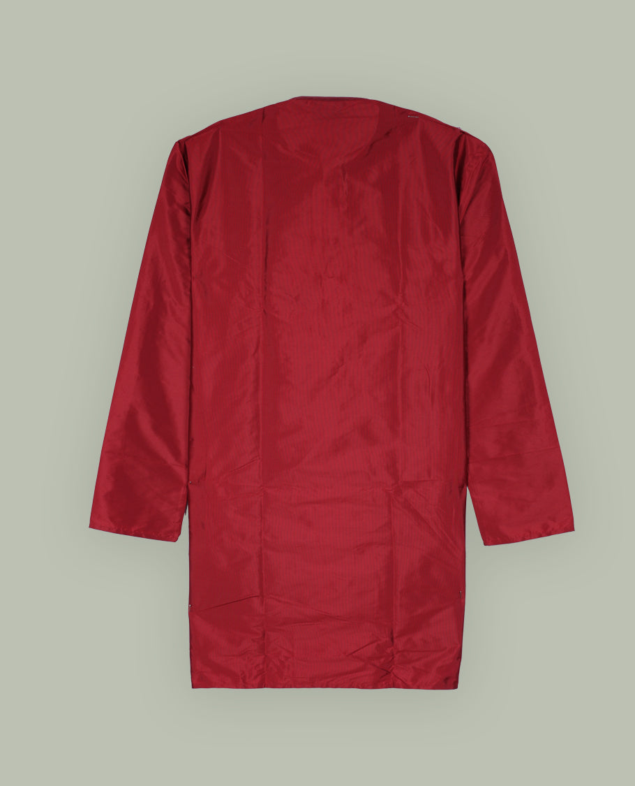 Rich maroon colour mens kurta featuring elegant embroidery on the neckline & Crafted in a refined style with full sleeves, offering a perfect blend of tradition.