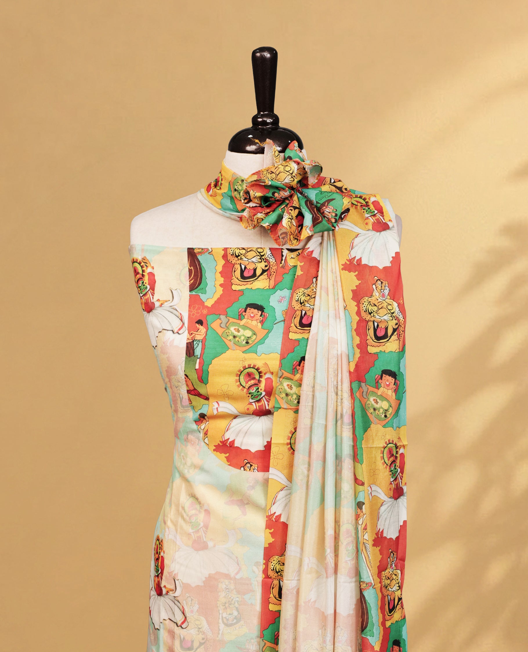 Cream colour salwar material Featuring Onam Theme Print on body, paired with matching bottom & Elegant Dupatta