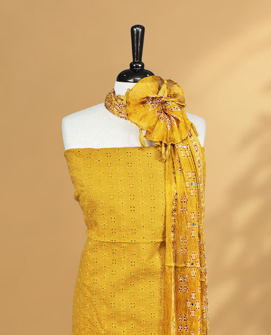 Mustard Colour Salwar Material Featuring Thread & Hokoda Body, Paired with matching bottom & Printed Design Dupatta.
