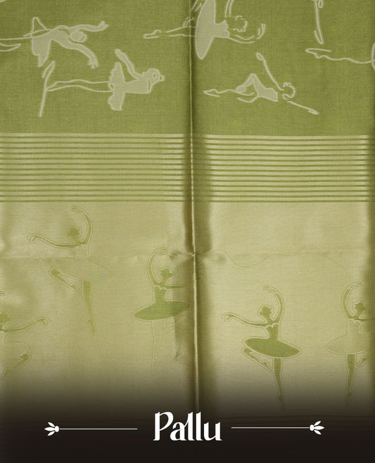 Green colour semi tussar silk saree, featuring an intricate white dancing women motif on the body and pallu with gold zari , comes with matching blouse.