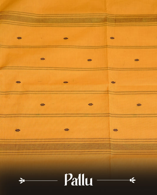 Yellow Colour Chettinad Cotton Saree Featuring Elegant plain Body, Complemented by a Olive Border with gold zari strips & Peacock pattern, Paired with a Matching Blouse Piece.