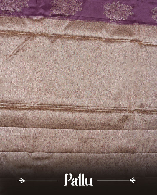 Purple colour pure banaras tusser silk saree highlighting antique zari pattern across body, with contrast cream colour with zari border and paired with matching blouse