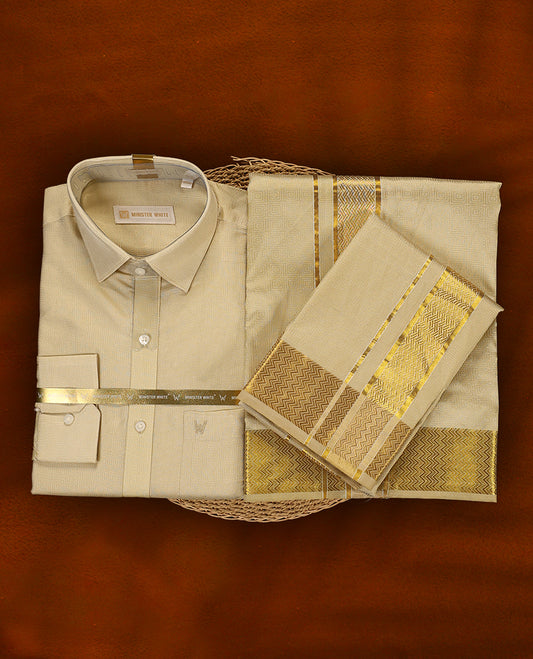 Fawn gold colour MINISTER WHITE shirt with a subtle textured finish, paired with a cream dhoti featuring a rich golden zari border and intricate zig-zag pattern, creating a graceful festive ensemble.