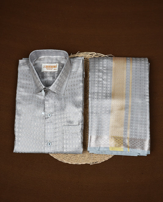 Grey colour  ASWIN'S shirt paired with a matching dhoti, finishing with a Gold border