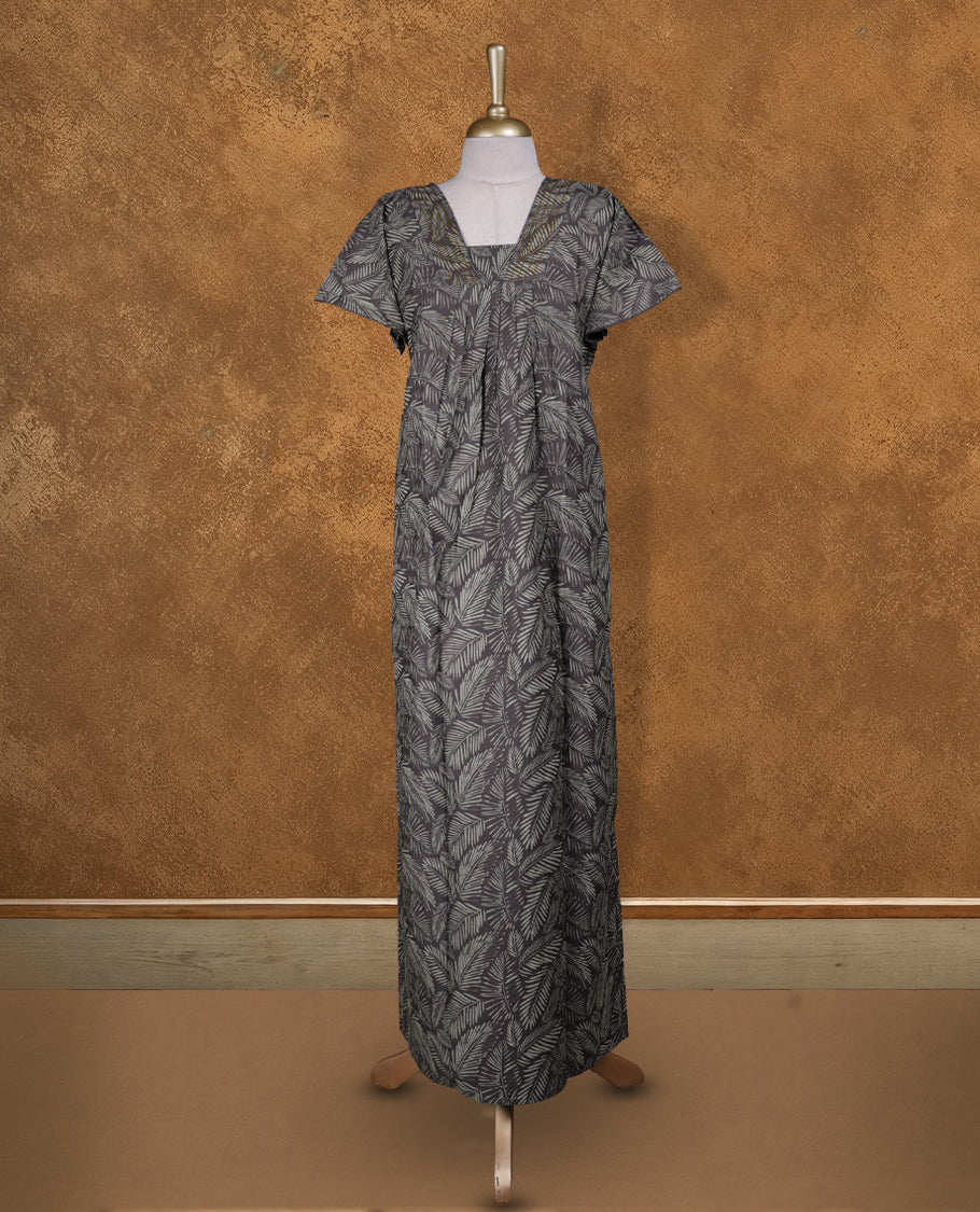 Dark Grey colour Nstyle nighty with leafy print featuring a stylish design, V-neckline with lace detailing, short sleeves, and a full-length