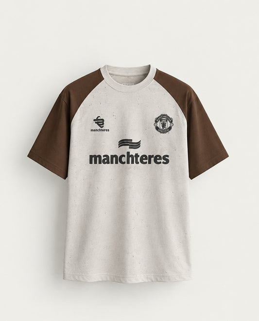 Grey colour Tshirt featuring round design neck, elegant Design body with a text & Brown colour on shoulder, Half sleeve.