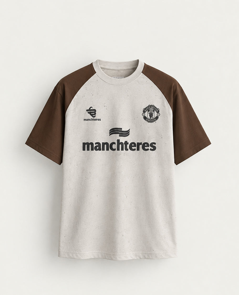 Grey colour Tshirt featuring round design neck, elegant Design body with a text & Brown colour on shoulder, Half sleeve.