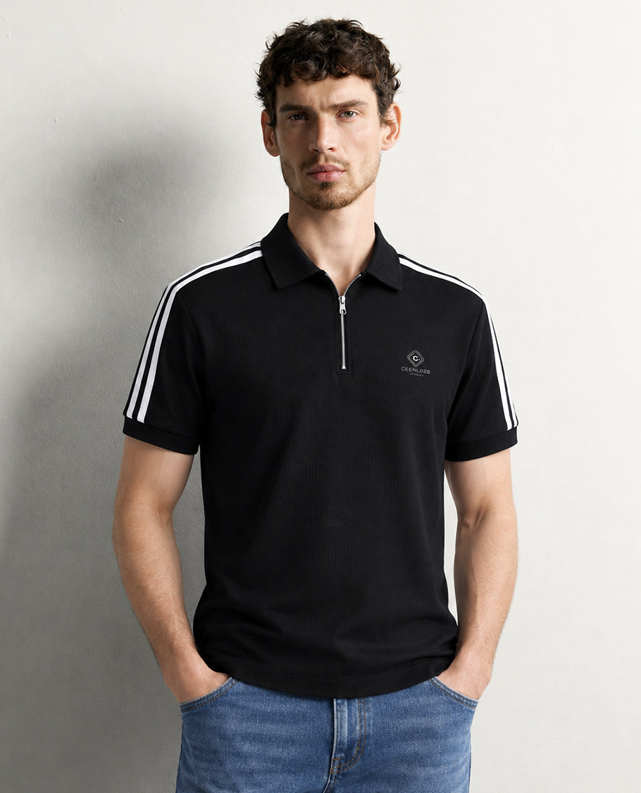 Black colour t shirt featuring collar design neck, elegant plain body with white on shoulder, Half sleeve.
