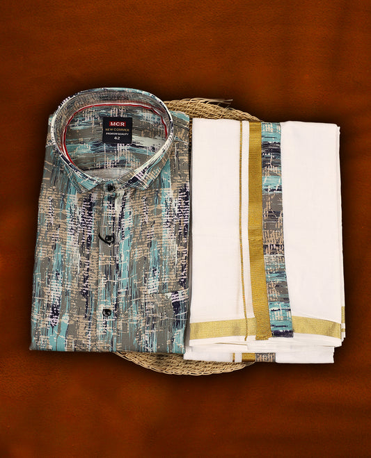 Multicolour abstract patterned MCR full sleeve shirt in shades of teal, grey, and navy, paired with a classic white dhoti featuring a rich golden zari kara and a matching multicolour printed border.