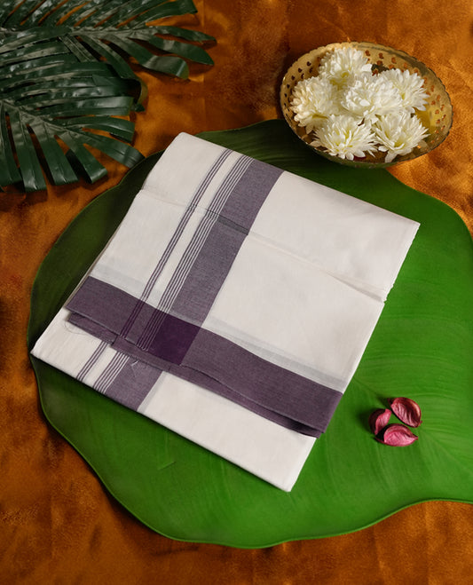 White colour cotton dhoti with a broad ink blue border for a refined traditional look, Perfect for weddings, cultural ceremonies, and festive occasions, offering both style and comfort.