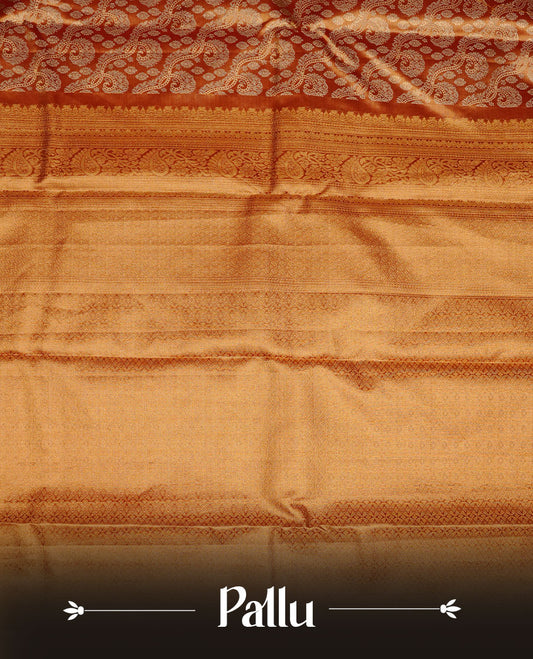 Gold & Maroon double shade colour  kancheepuram tissue silk saree featuring gold zari floral kodi pattern on body, complemented by contrast maroon colour with traditional border, paired with matching blouse piece.
