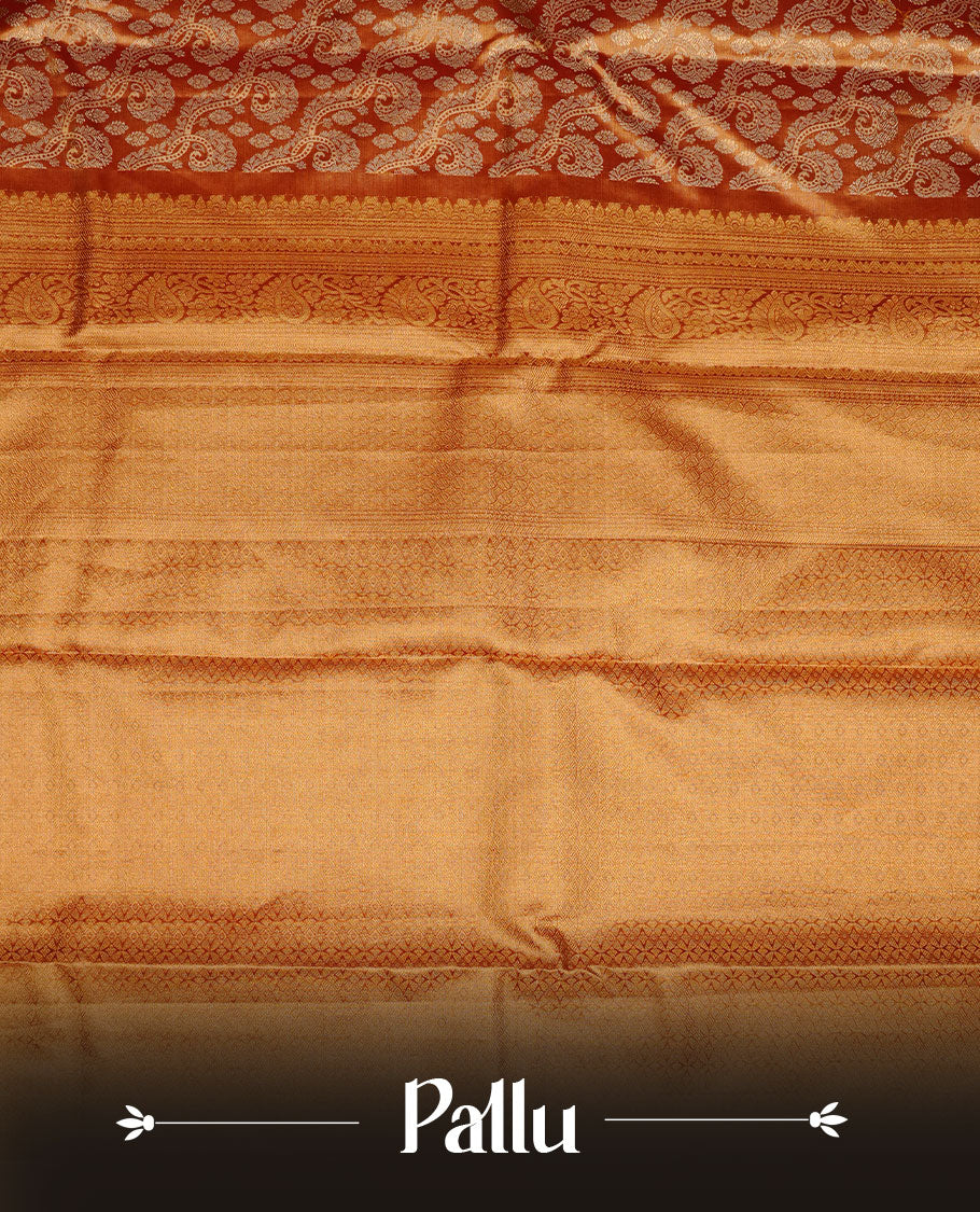 Gold & Maroon double shade colour  kancheepuram tissue silk saree featuring gold zari floral kodi pattern on body, complemented by contrast maroon colour with traditional border, paired with matching blouse piece.