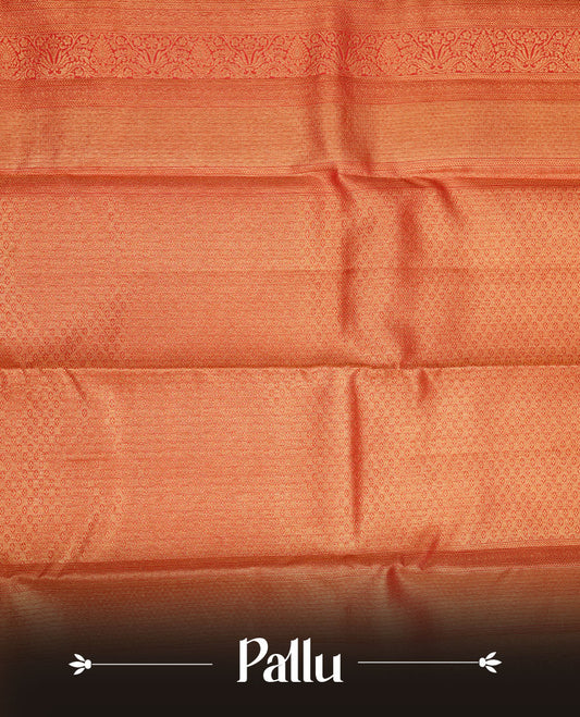 Brick Red colour kancheepuram silk saree featuring gold zari pattern across body, complemented by selfcolour border traditional zari border, paired with matching blouse piece.