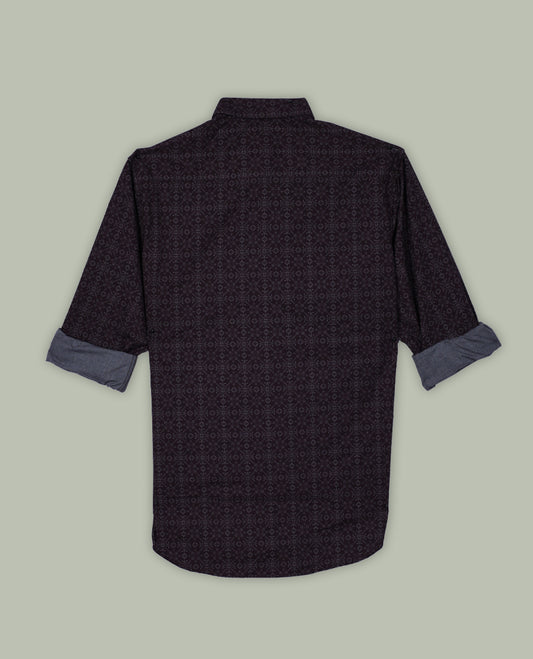 Brown colour shirt with soft floral prints all over, featuring a classic collar and full sleeves for a refined look.