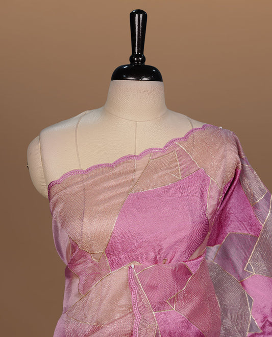 Pink colour Organza designer saree featuring a thread geometric pattern across the body, enhanced with a piping border and cut beats work on matching blouse piece.
