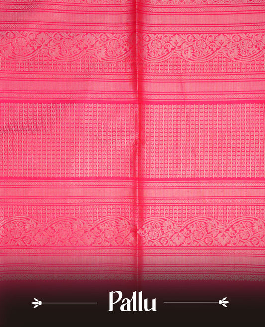 Rani pink colour soft silk saree featuring gold zari motifs on body, complemented by self colour with traditional border with tassel at pallu, paired with matching blouse piece.