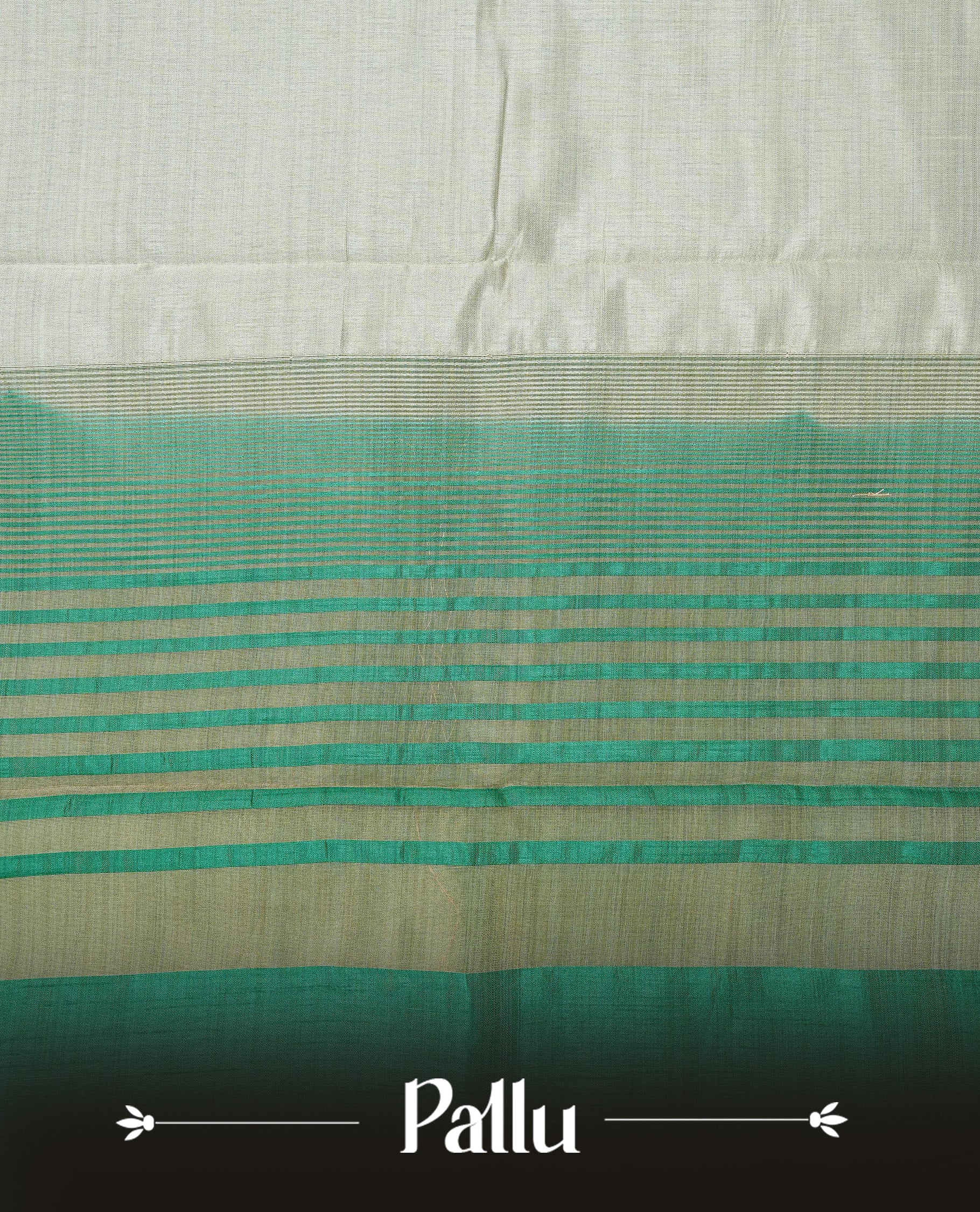 Light gold tussar saree featuring Elegant plain body, complemented by contrast green colour with Gold zari Floral kodi with Elephant Pattern border, comes with matching blouse piece.