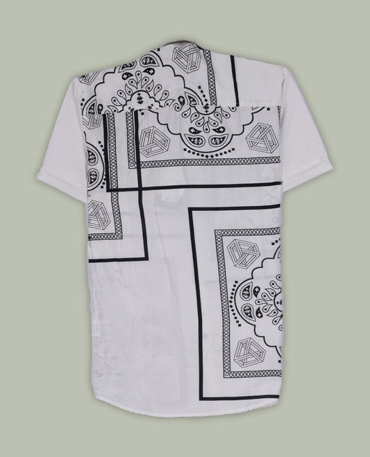 White colour shirt adorned with elegant black colour floral prints, Designed with a classic collar and short sleeves, this timeless piece offers a crisp and casual look, perfect for both work and weekend wear.