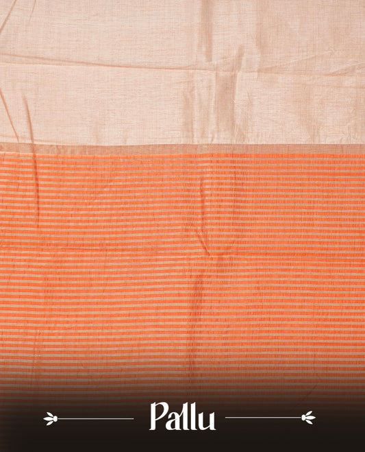 Light Gold Tussar saree featuring Gold zari buttas on body, complemented by contrast Orange Colour with Gold zari border, comes with matching blouse piece.