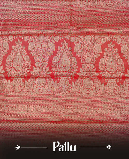 Light Orange & gold colour Double shade Semi tissue silk saree featuring self color Geometric pattern on body, Contrast Orange colour with traditional border, paired with matching.