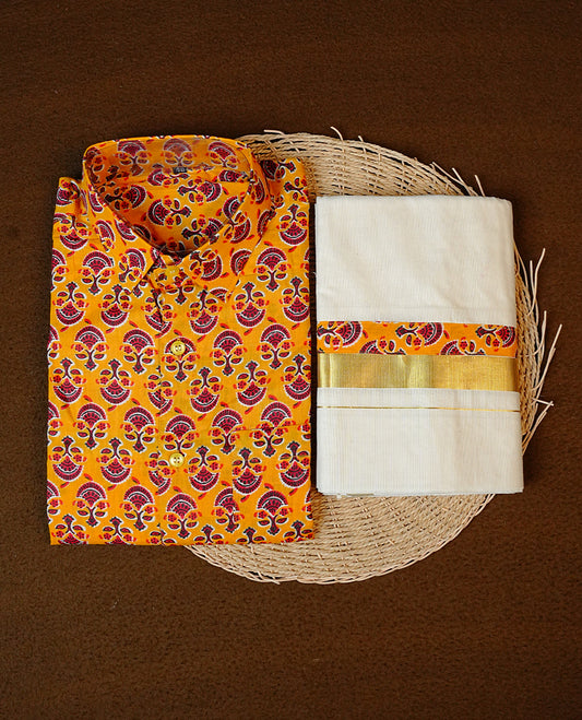 Mustard Yellow Colour Full-Sleeve Shirt with Prints, Paired with a Cotton Double Dhoti Featuring Matching Prints.