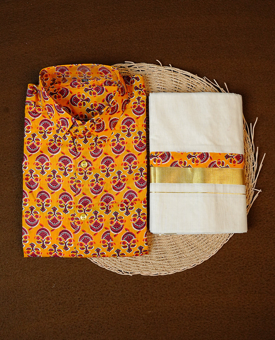 Mustard Yellow Colour Full-Sleeve Shirt with Prints, Paired with a Cotton Double Dhoti Featuring Matching Prints.