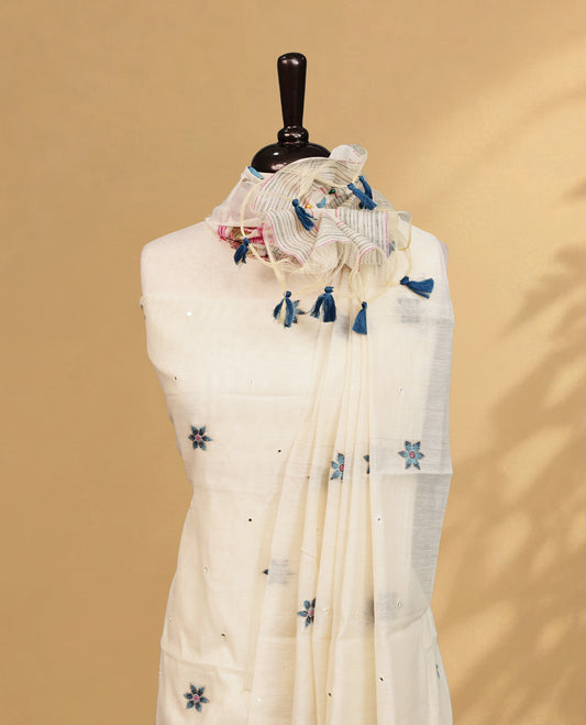 Cream colour salwar material Featuring Blue Colour Floral motifs on body, paired with matching bottom & Elegant Dupatta