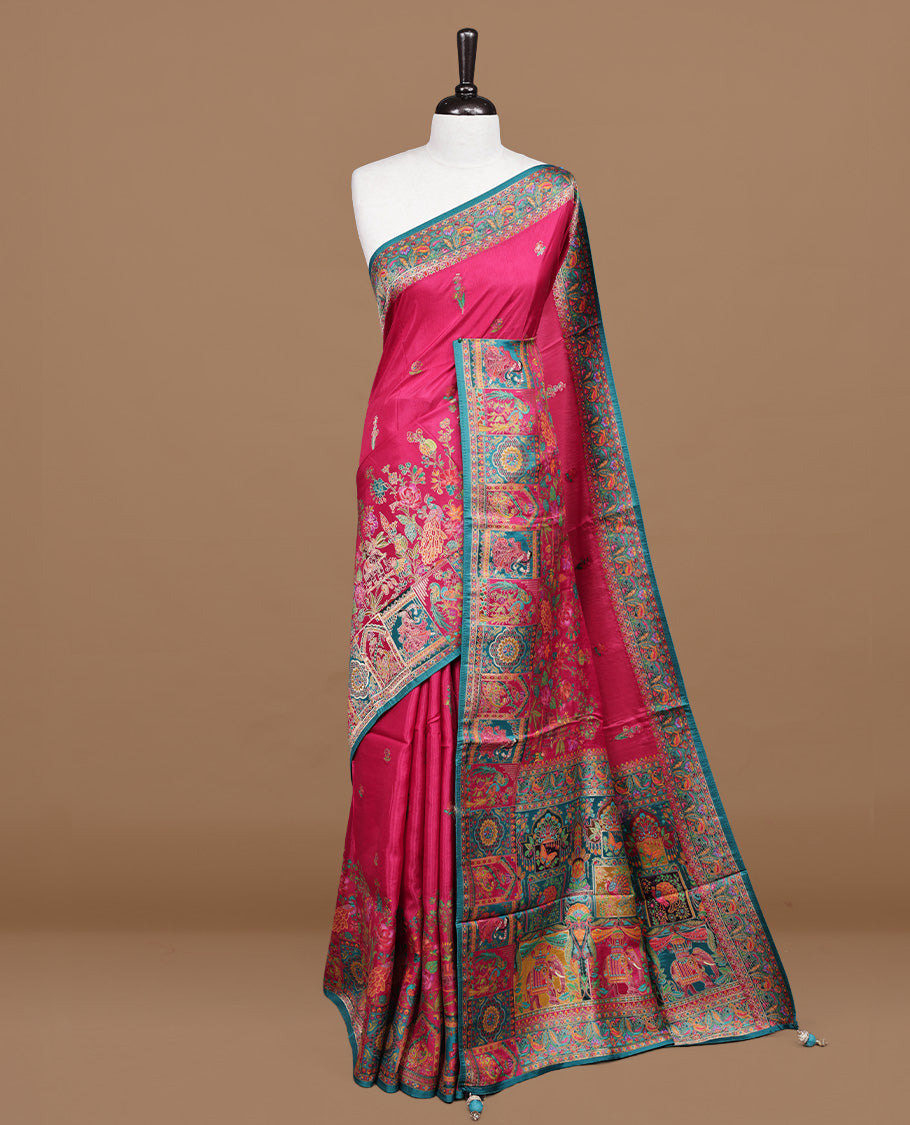 Pink colour Pashmina silk saree features an all over Multi colour with floral kodi motifs body, a self colour with multi colour box with motifs and pallu, and a matching unstitched blouse.