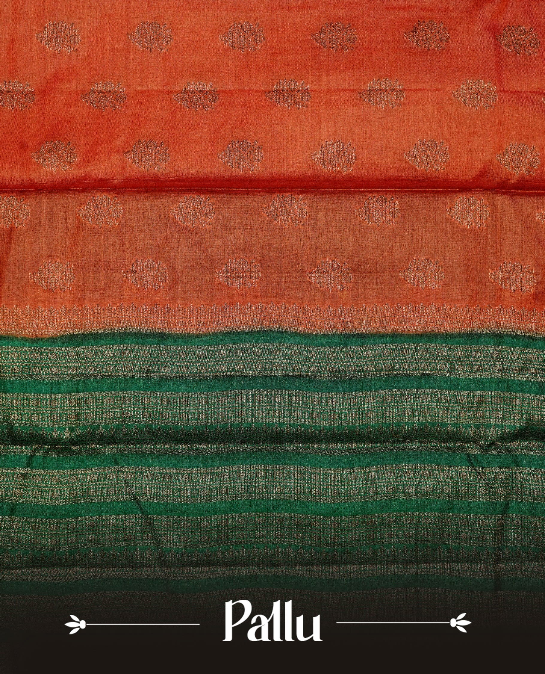 Rust orange colour pure tussar Banaras silk saree featuring elegant gold zari motifs across the body, complemented by a contrast Green border with rich zari detailing. Comes with a matching blouse piece