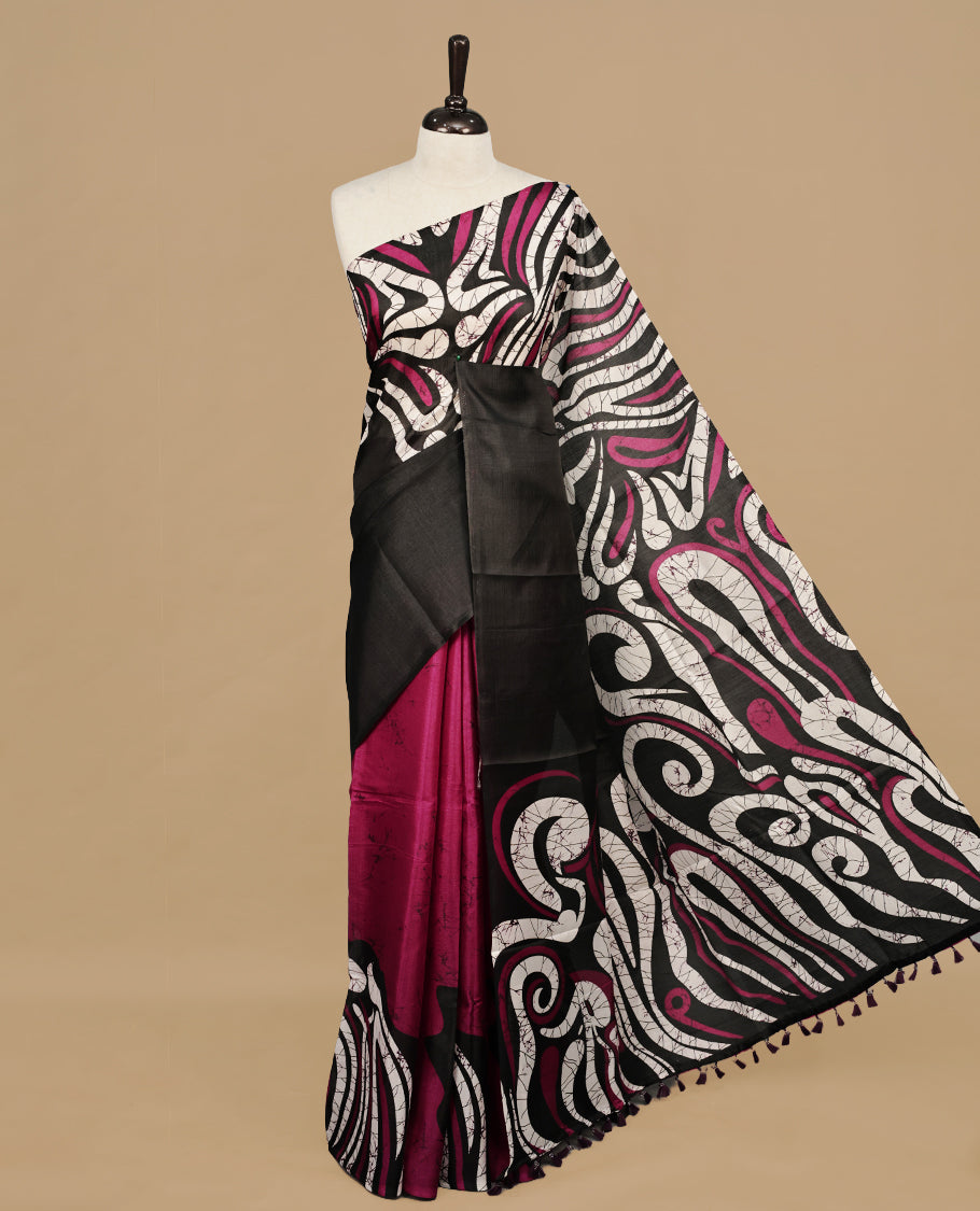 Magenta With Black Colour Khadi silk saree Featuring Abstract Print Patterned & Curved Wave Like Line Detailed Body, Paired with matching blouse piece.