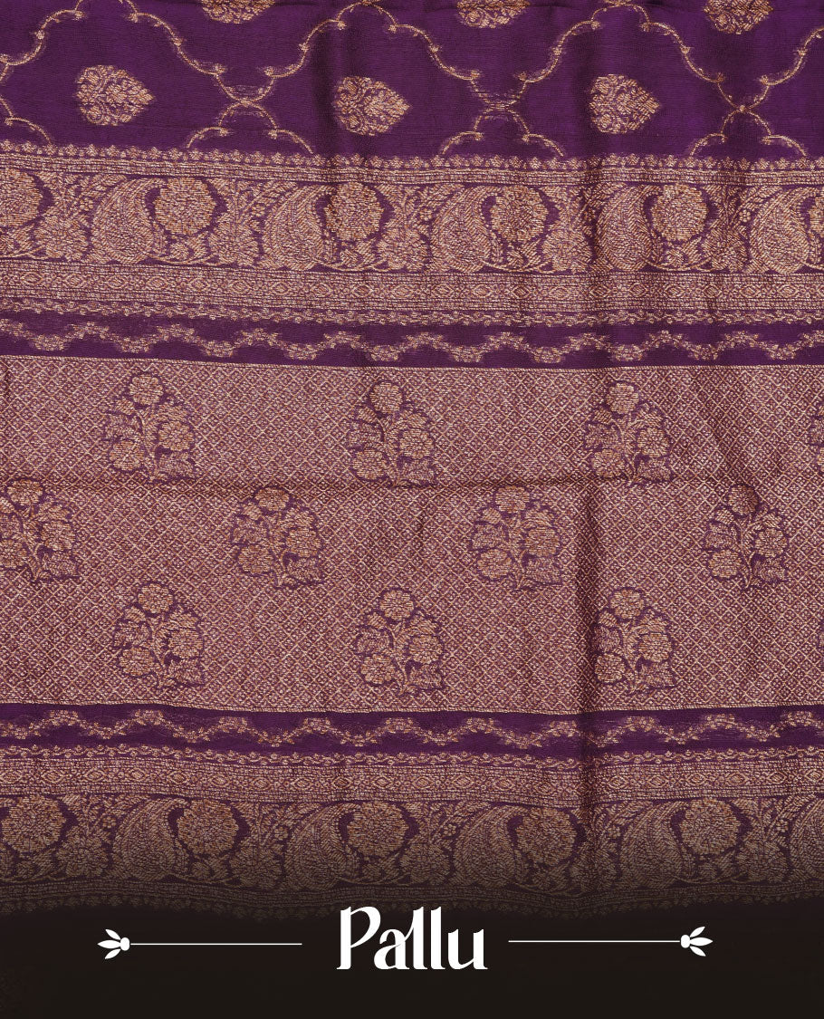 Grape purple colour semi Banaras saree with gold zari buta motifs, finished with a traditional gold zari border and pallu, paired with a matching blouse.