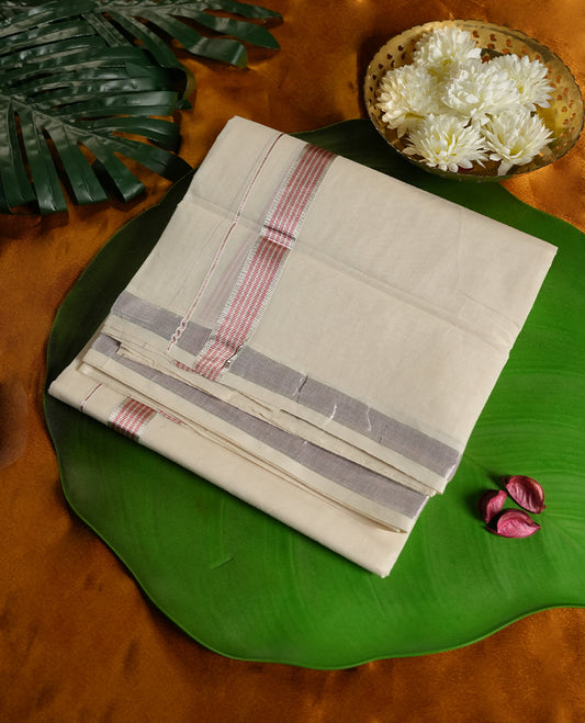 Beige colour cotton dhoti with a subtle peach & silver border, blending tradition with simplicity & Lightweight and comfortable, its perfect for rituals, cultural events, and festive celebrations.