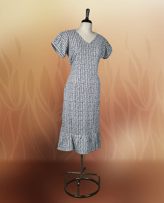 Off white, blue & black colour paisley print night wear with a flattering V neckline & Designed for comfort & style, A perfect pick for casual days, summer outings, or light festive wear.