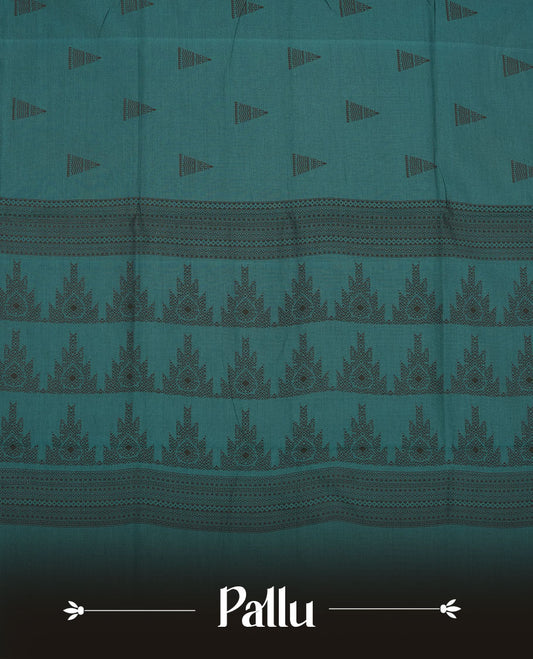 Dark Teal Green colour poly cotton saree with black temple motifs on the body, paired with a matching with black woven traditional border, and a coordinated all‑over geometric printed blouse piece.