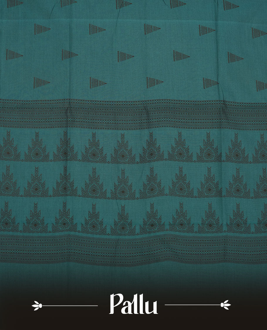 Dark Teal Green colour poly cotton saree with black temple motifs on the body, paired with a matching with black woven traditional border, and a coordinated all‑over geometric printed blouse piece.