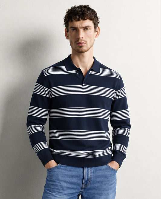 Navy blue colour Tshirt featuring Collar design neck, elegant Strip pattern on body and Full sleeve.