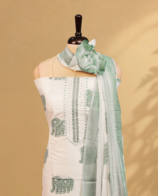 Off White colour salwar material Featuring Green Colour motifs & beats on body, paired with matching bottom & Elegant Dupatta