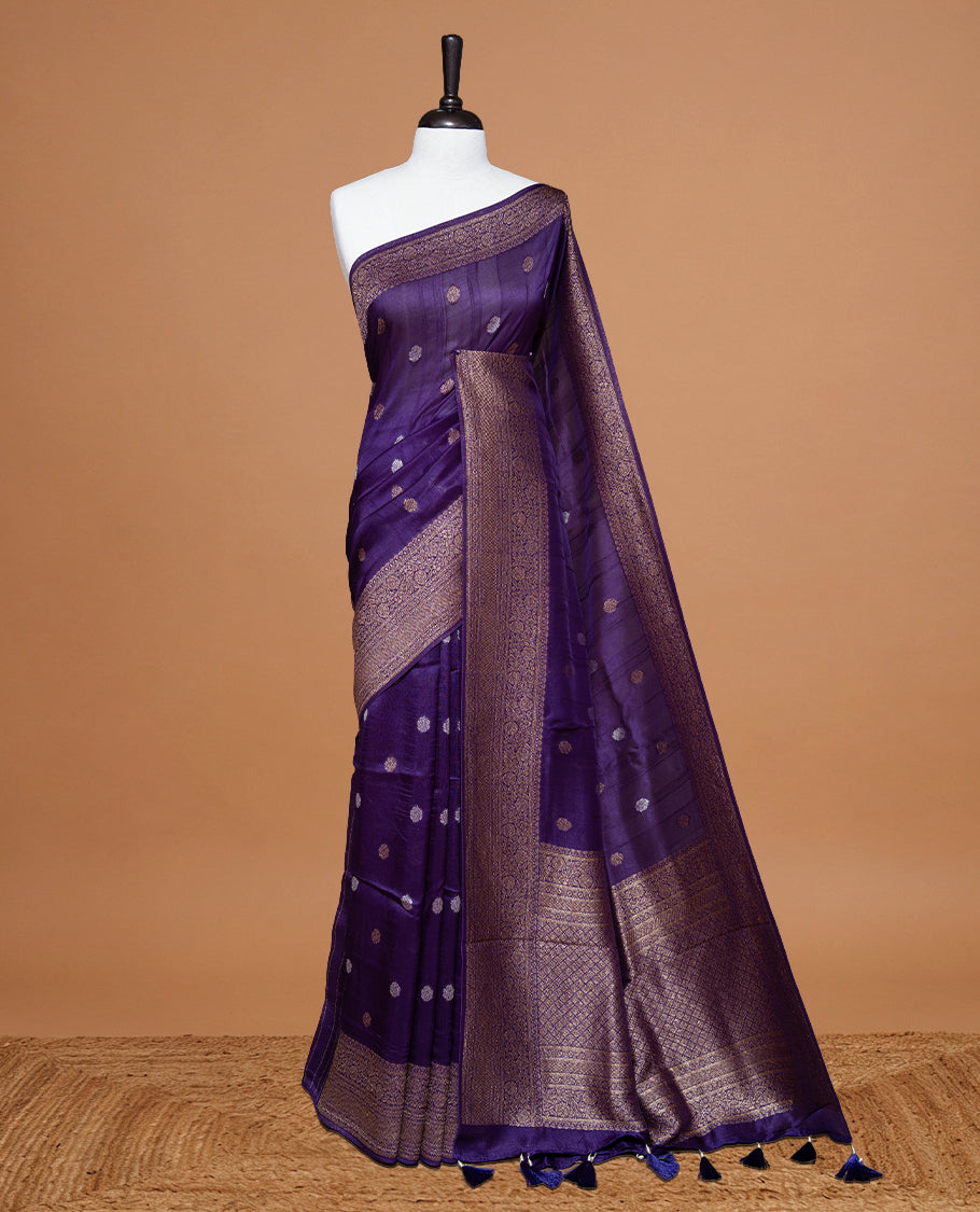 Violet colour Semi banaras tussar georgette Saree featuring Antique zari motifs on body, enhanced with antique zari border, paired with a matching blouse piece.