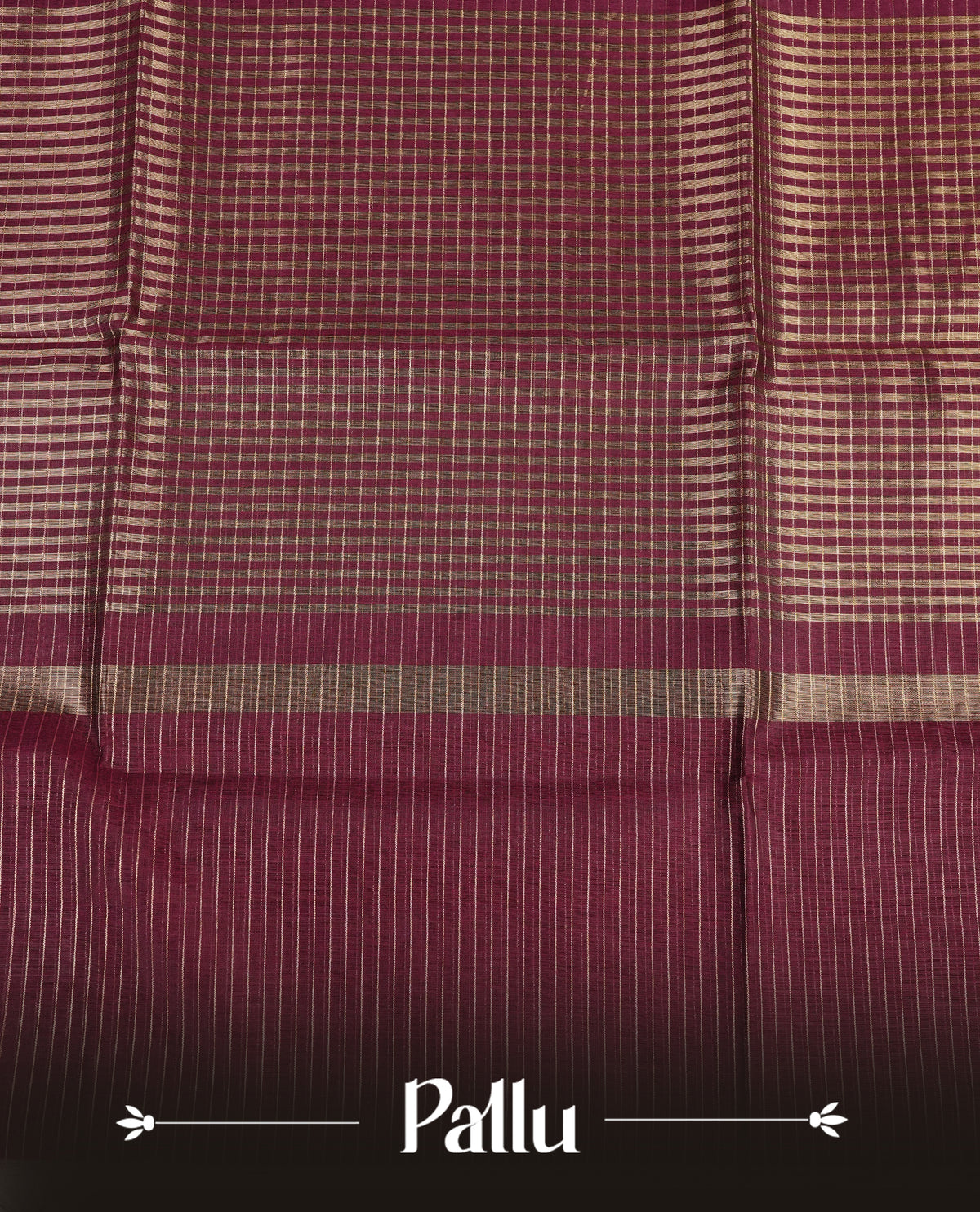 Wine colour Maheshwari cotton saree, gold zari small checks on body, complement self colour gold zari temple design border comes with matching blouse.