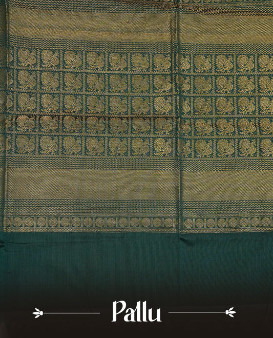Green colour chettinad cotton saree featuring Gold zari motifs on body, complemented by contrast mustard yellow colour with Gold zari border, comes with matching blouse piece.