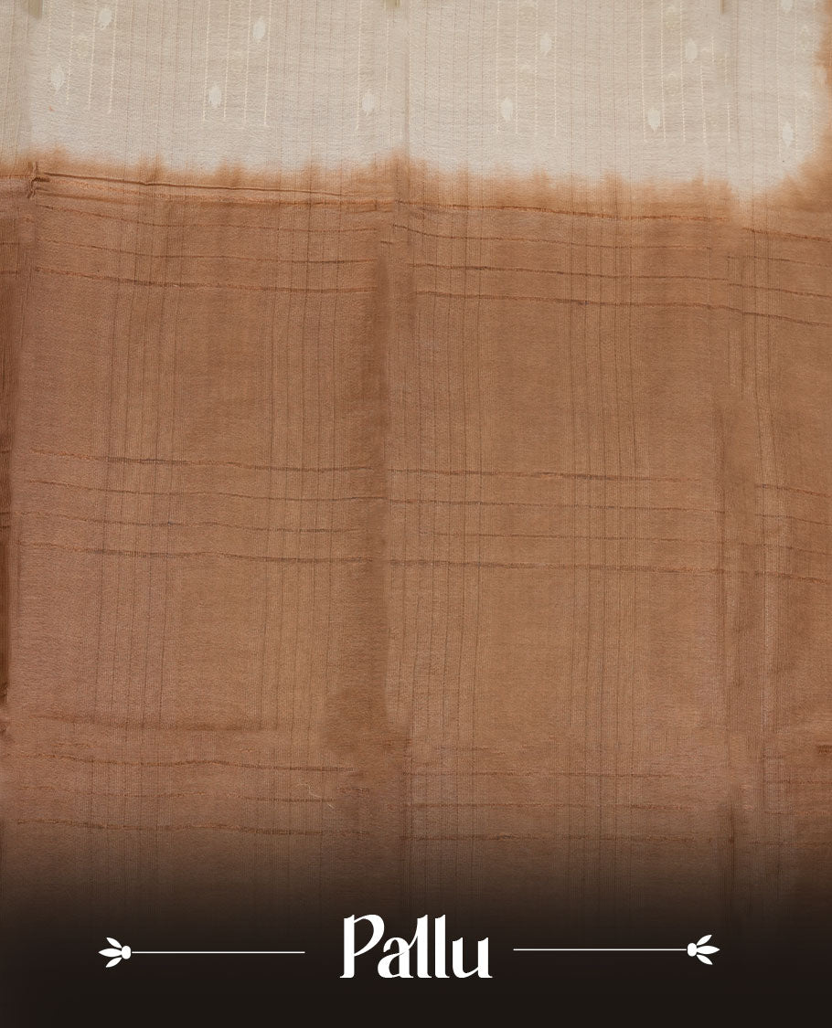 Cream & light brown dye pattern colour semi jute saree highlighting white stripped body, without border and paired with matching blouse.