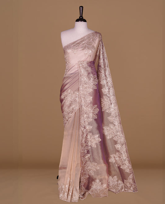 Lavender & gold double shade organza saree featuring thread & cut beats, sequins leaf pattern on body, highlighting scalp border, paired with matching blouse piece.