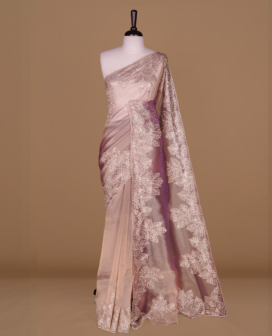 Lavender & gold double shade organza saree featuring thread & cut beats, sequins leaf pattern on body, highlighting scalp border, paired with matching blouse piece.