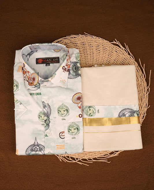 Cream colour shirt featuring  Indian art from printed body, paired with cream colour double dhoti featuring a gold kara with Same printed border.