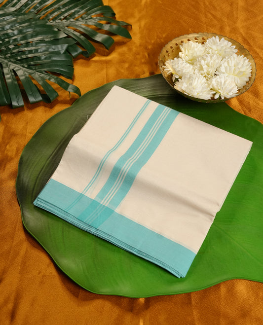 Cream Colour Pure Cotton double Dhoti with Aqua green Colour Border for Men