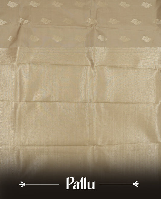 Agreeable gray colour semi soft silk saree featuring a gold Leaf textured patterned body, complemented by gold traditional tiny diamond pattern pallu & border and a matching blouse piece.