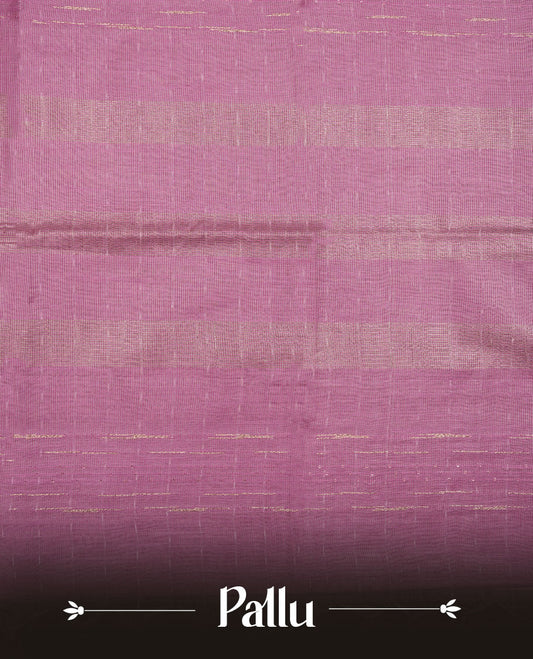 Pink colour semi jute saree highlighting gold zari striped body, without border and paired with matching blouse.