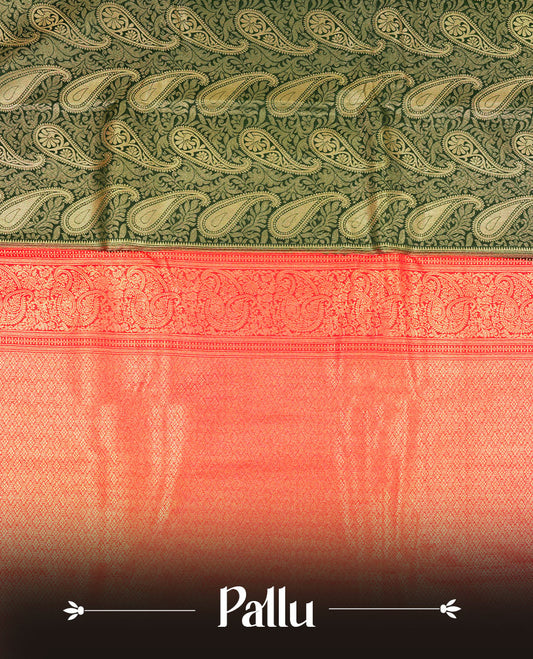 Green colour semi silk brocade saree featuring intricate Gold Floral kodi & leaf patterns across the body, complemented by a contrast red colour woven border and pallu, paired with a matching blouse.