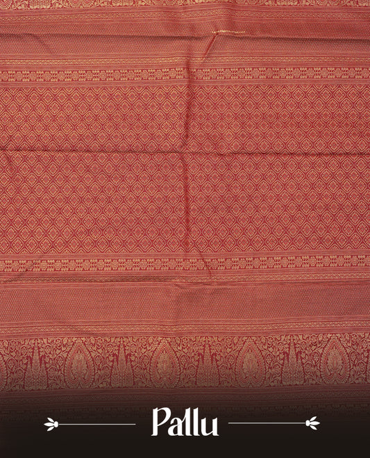 Olive green colour semi wedding saree featuring gold zari check with elephant motifs on body complemented by contrast maroon colour with traditional border, comes with matching blouse piece.