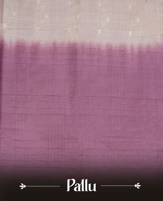 Cream & Purple dye pattern colour semi jute saree highlighting white stripped body, without border and paired with matching blouse.